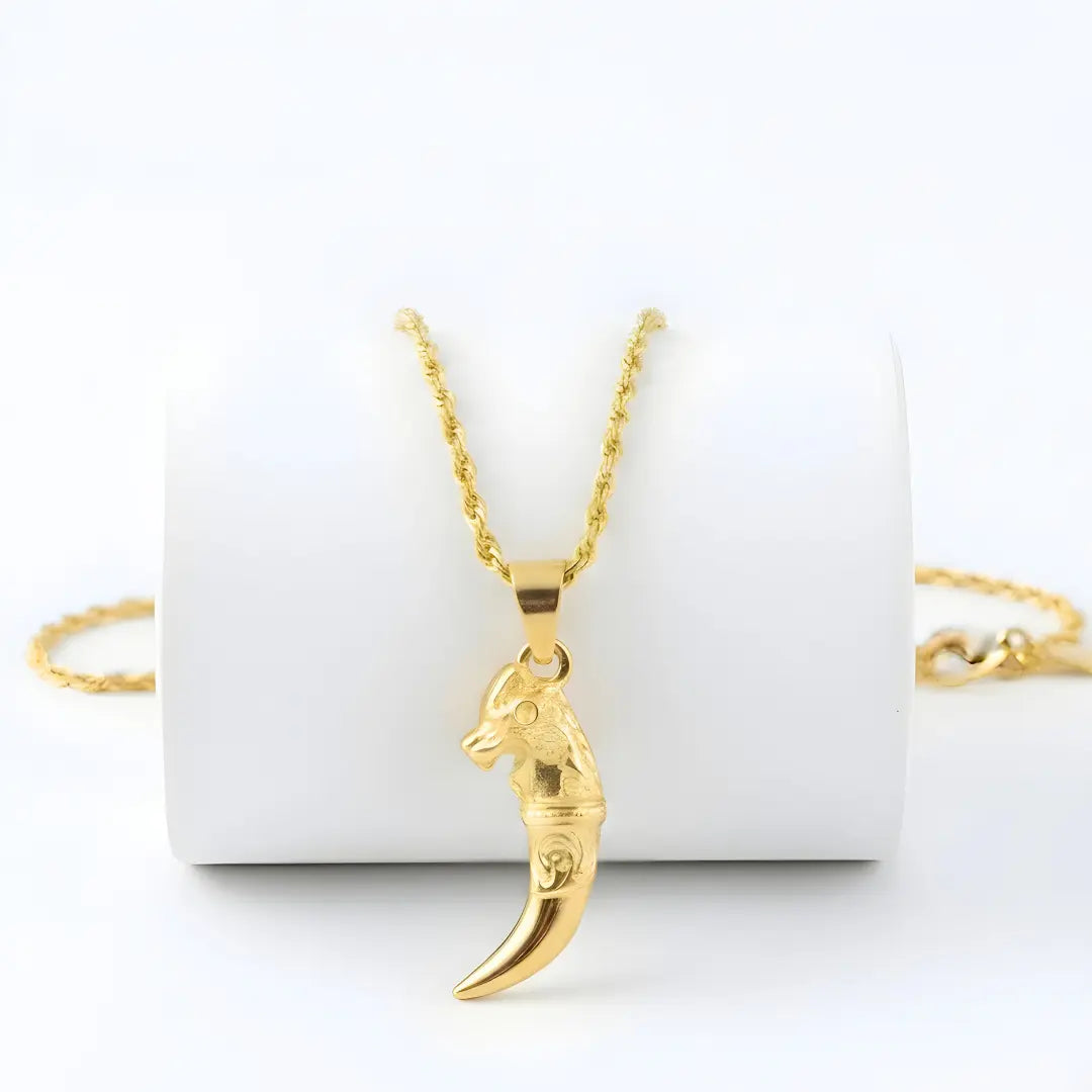 18K Gold Plated Dragon Tooth Pendant Necklace for Men – 54cm Rope Chain with 5cm Cable Extension & Lobster Clasp